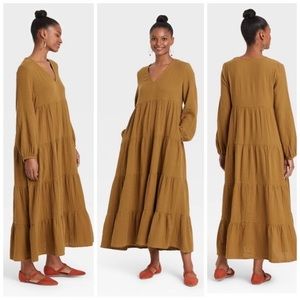 NWT Universal Thread Mustard Yellow Balloon Sleeve Tiered Maxi Dress w/ Pockets